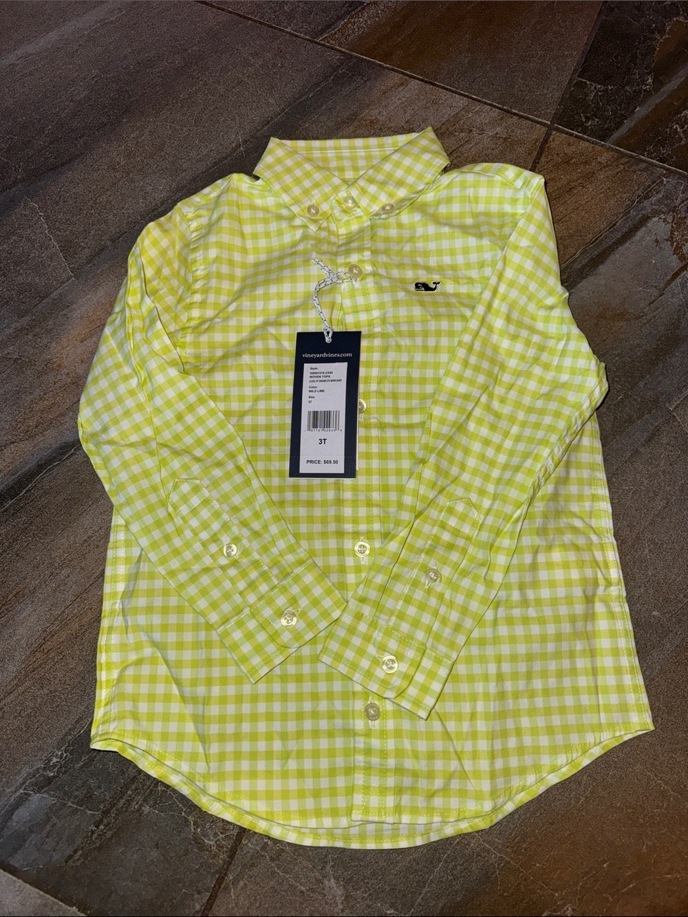Vineyard Vines wild lime & White Gingham Button-Down Shirt- 3T NWT
